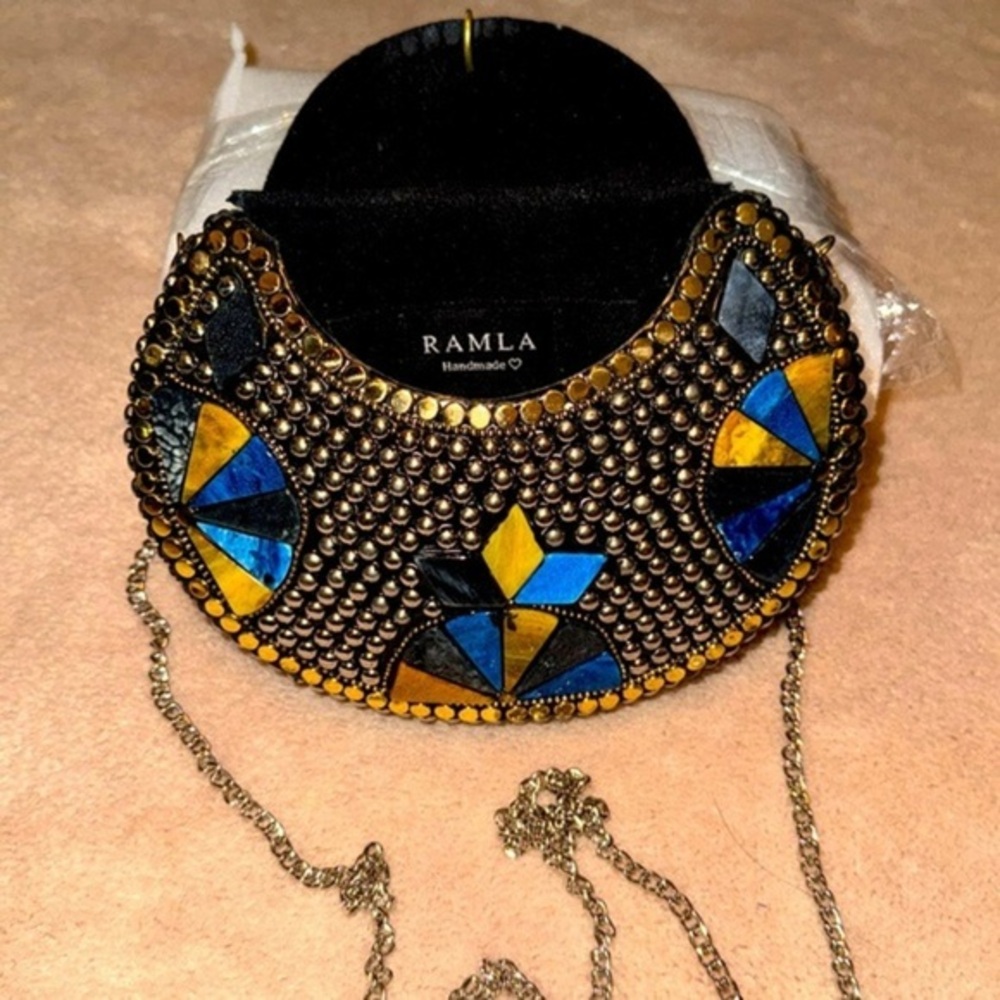RAMLA Handmade Black, Gold and Blue Mini Mosaic Bag NWOT